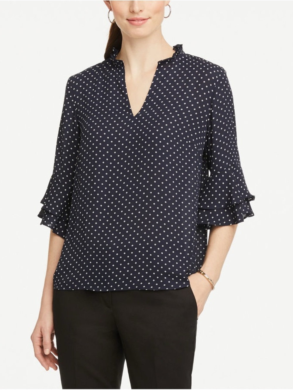 Ann Taylor Factory Polka Dot Ruffle Sleeve V-Neck Top - Navy/White Size Small